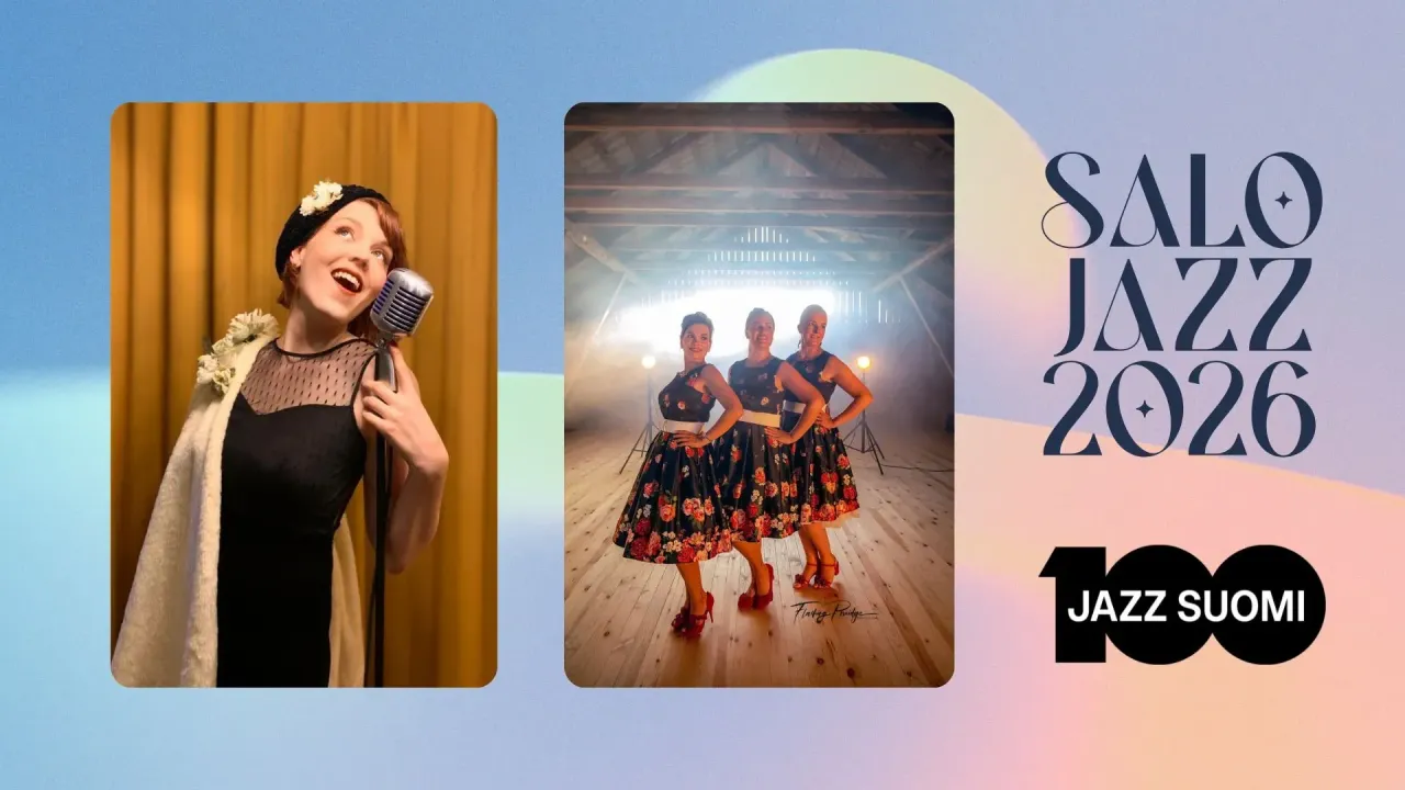 Jazzy-henkinen mainoskuva, jossa vasemmalla laulaja mikrofonin edessä ja keskellä kolme esiintyjää tanssiasussa. Oikealla teksti ”SALO JAZZ 2026” ja ”JAZZ SUOMI 100”.